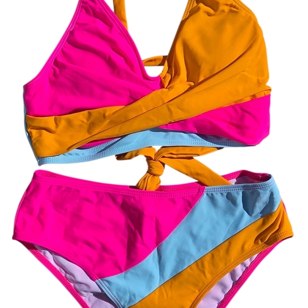 Colorblock Bikini Set in Pink, Orange, and Blue